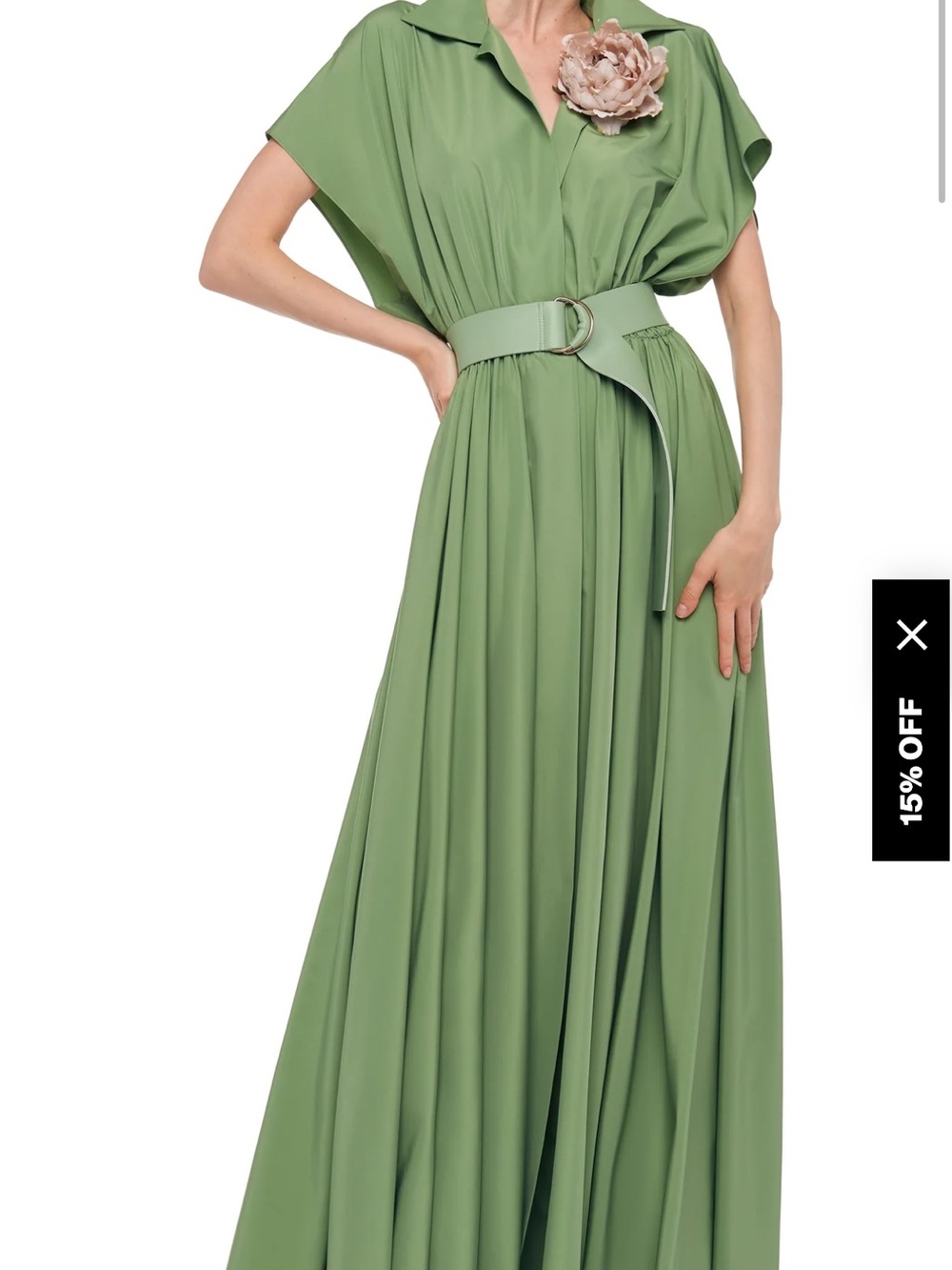 Norma Kamali Sage Green Maxi Dress with Belt and Flower Pin